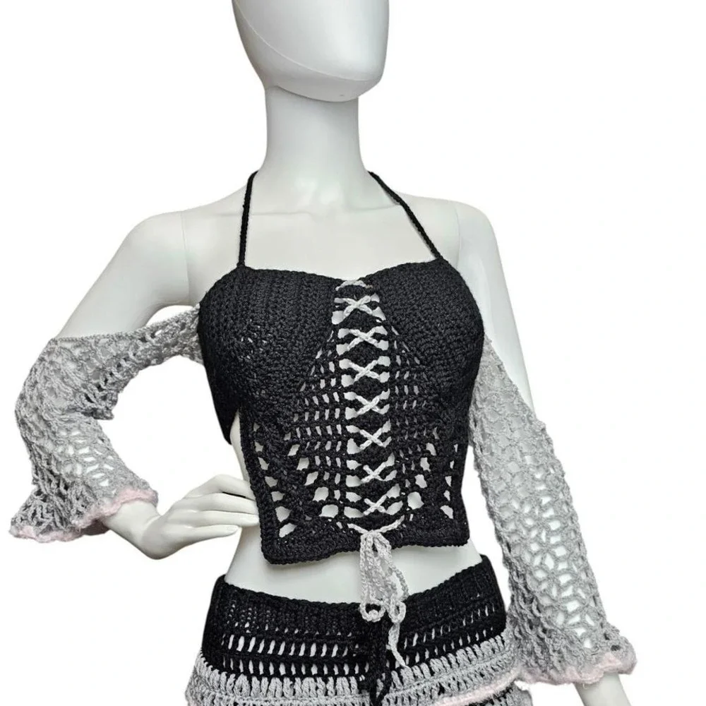 Handmade Crochet Corset Top with‎ Flared Sleeves – Black & Grey Coquette Style